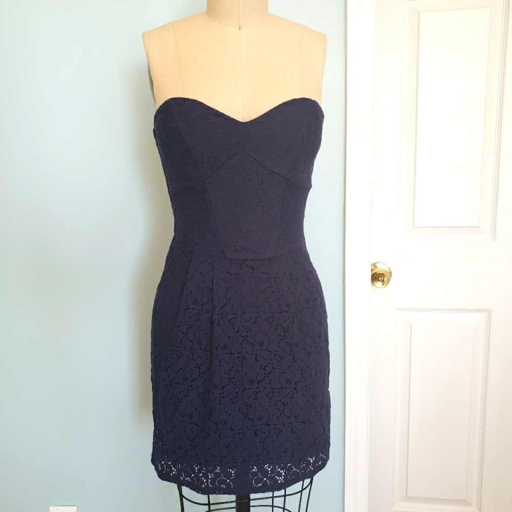 Navy Lace Strapless Dress, 1/2